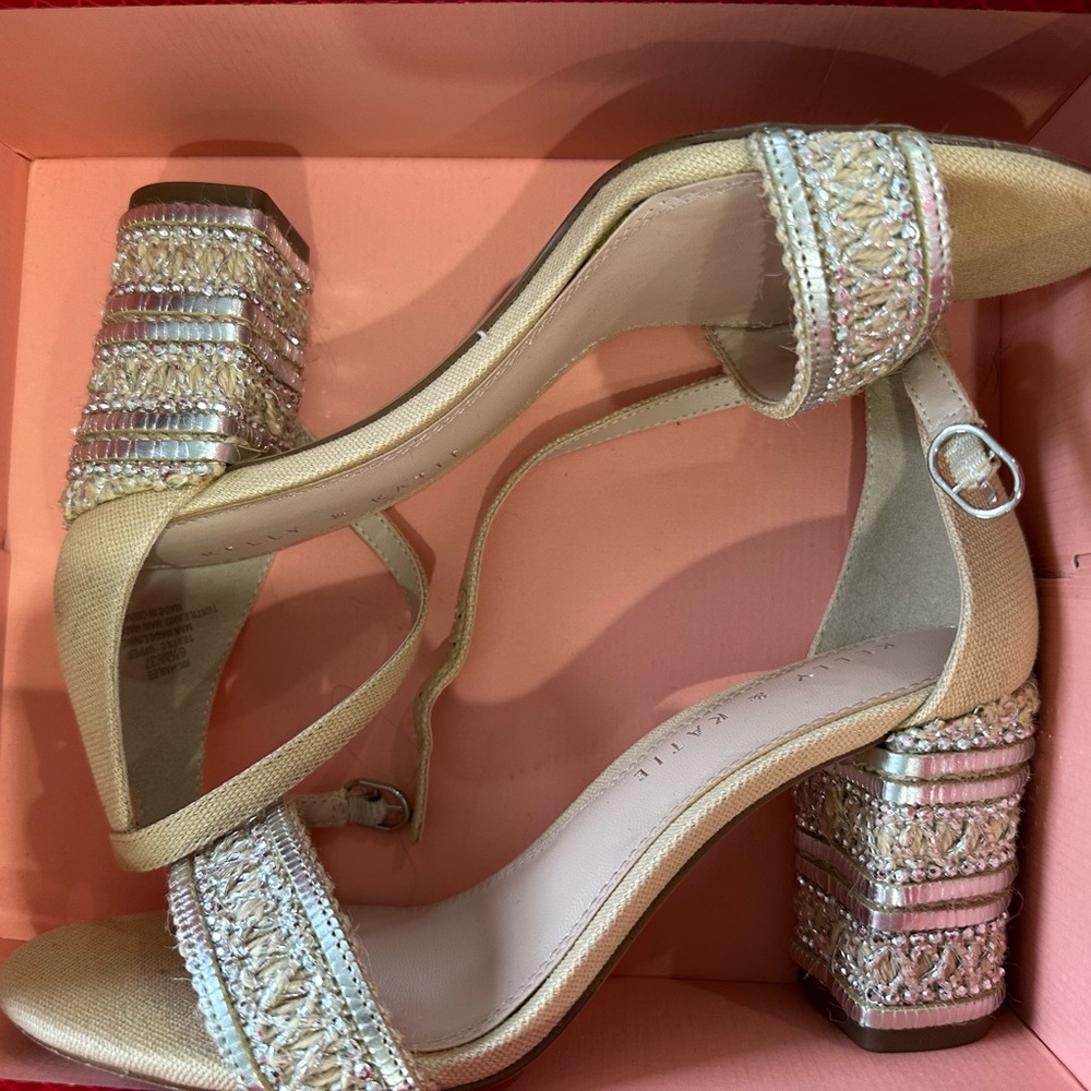 Kelly & Katie Cream and Silver Heels with Glitter Block Heel